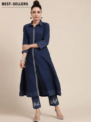 Navy Blue khadi Miami Nights Embroidered kurta Set.