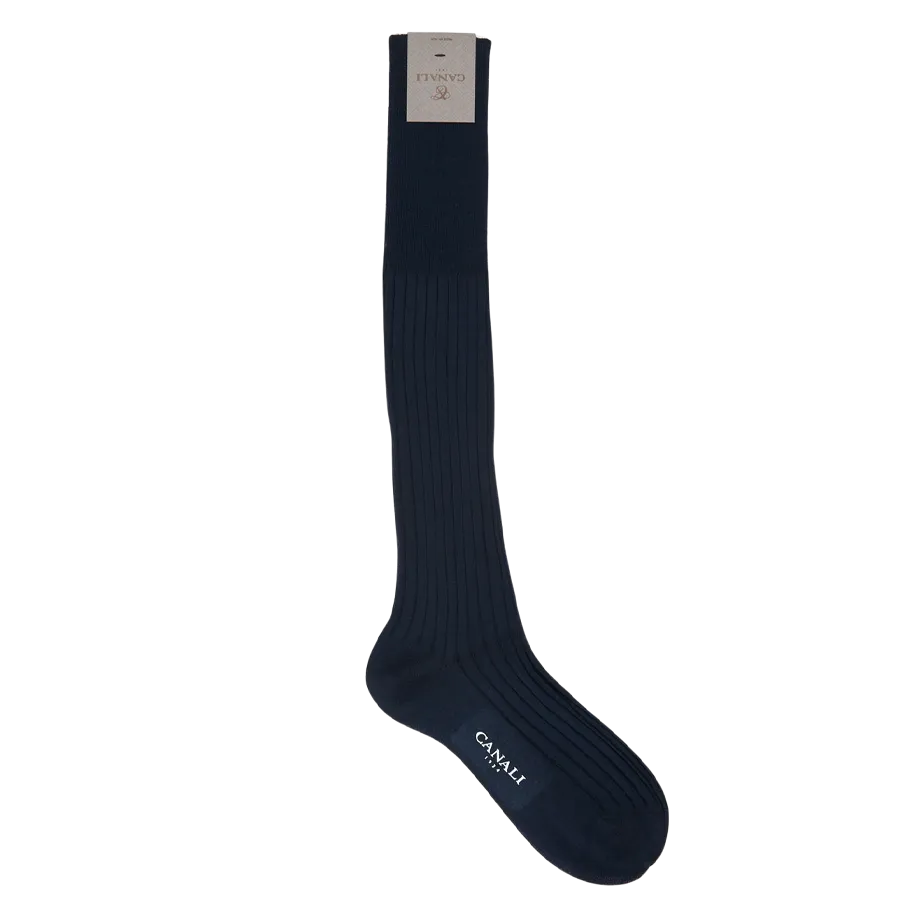 Navy Blue Knee Long Ribbed Cotton Socks