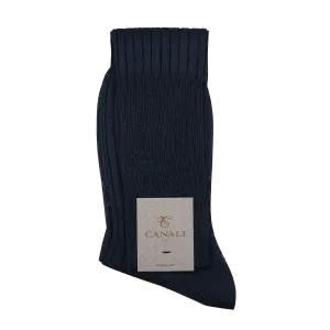 Navy Blue Knee Long Ribbed Cotton Socks