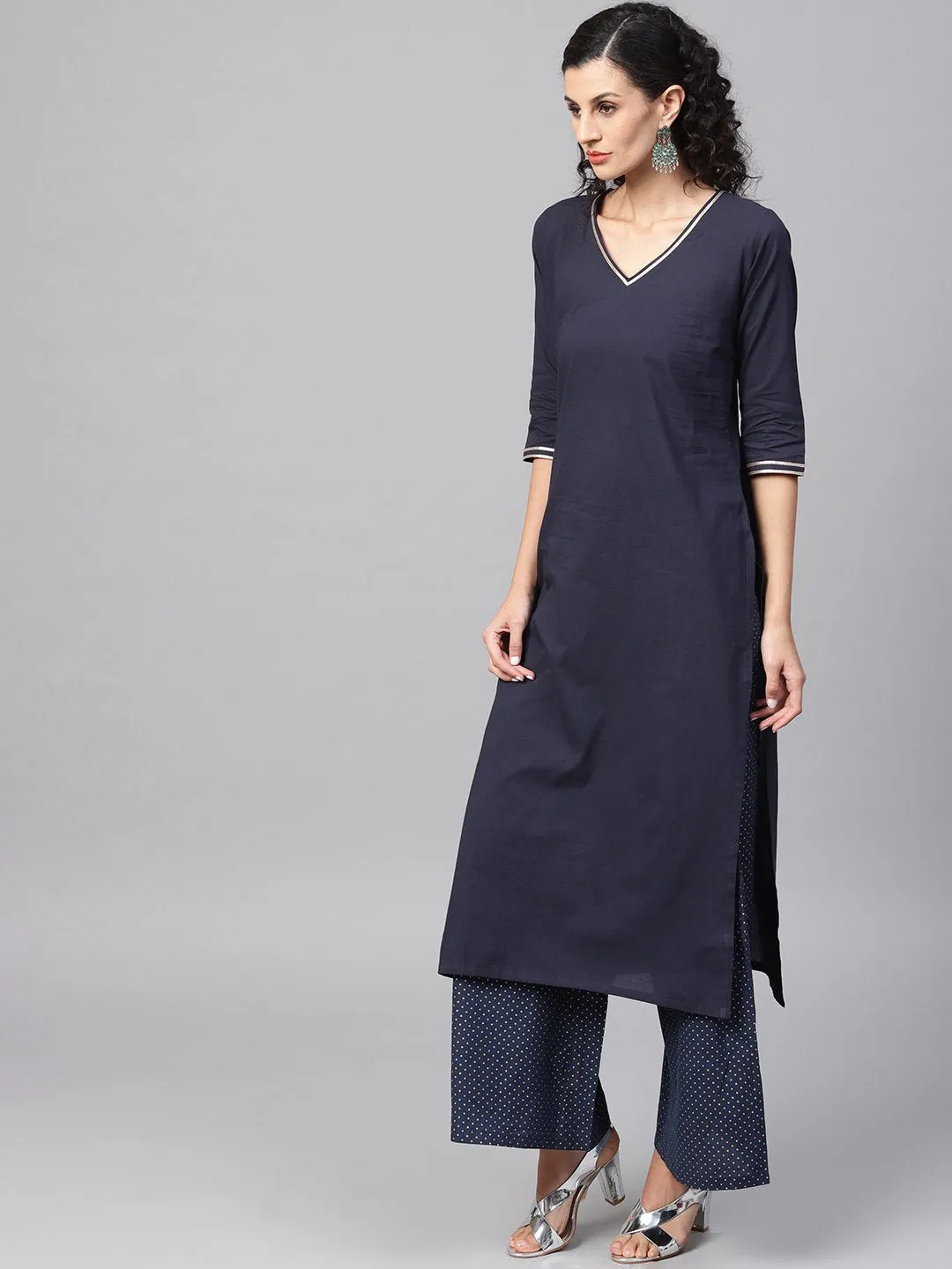 Navy Blue Kurta Set with printed Palazzo & contrasting Green Dupatta emblished with Gota