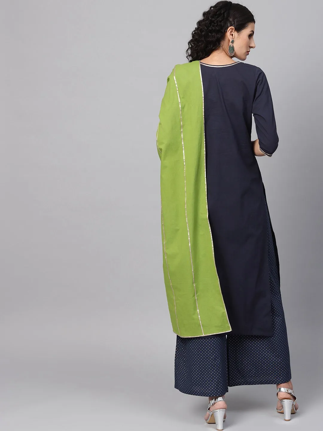 Navy Blue Kurta Set with printed Palazzo & contrasting Green Dupatta emblished with Gota