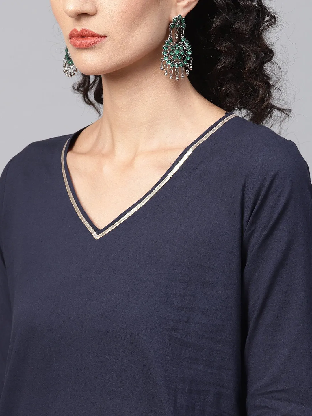 Navy Blue Kurta Set with printed Palazzo & contrasting Green Dupatta emblished with Gota