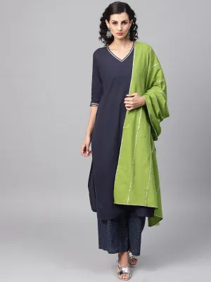 Navy Blue Kurta Set with printed Palazzo & contrasting Green Dupatta emblished with Gota