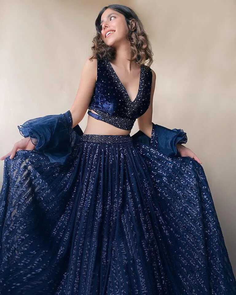 Navy Blue Lehenga Choli in Georgette with Sequence Work