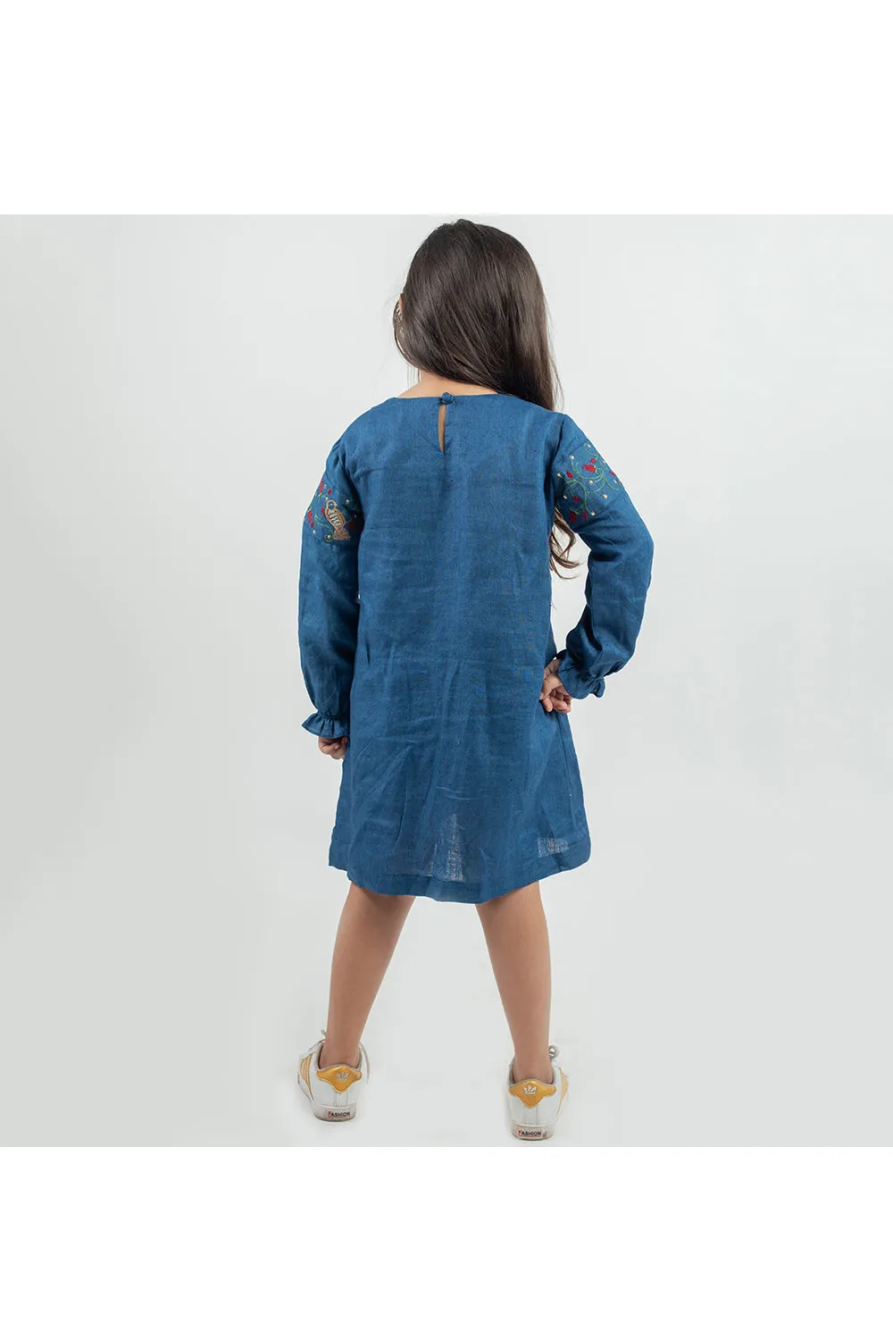 Navy blue linen embroidered dress