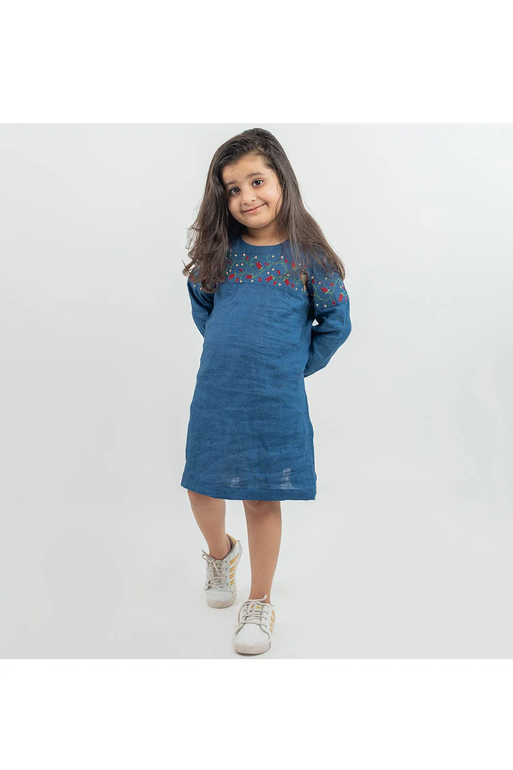 Navy blue linen embroidered dress