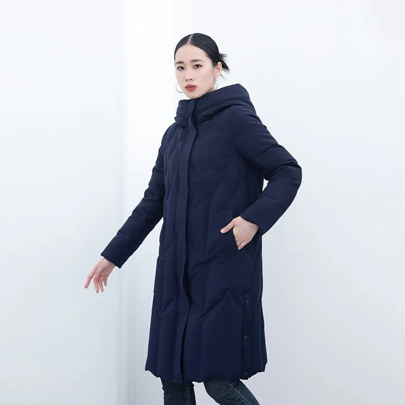 Navy Blue Long Winter Quilted Down Jacket