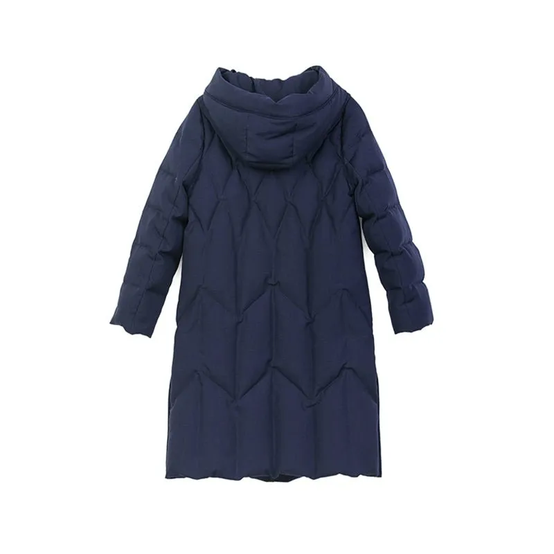 Navy Blue Long Winter Quilted Down Jacket