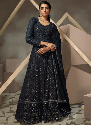 Navy Blue Lucknowi Embroidered Anarkali Gown