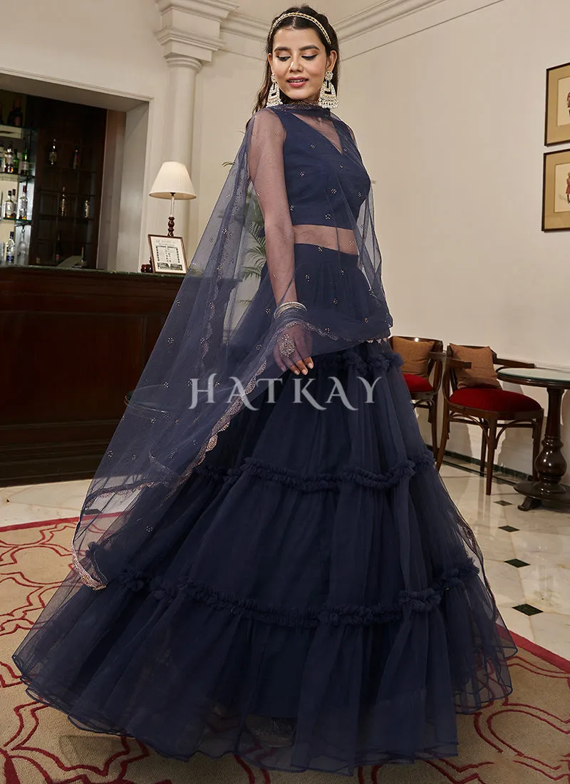 Navy Blue Minimalist Ruffles Detailed Net Lehenga Choli