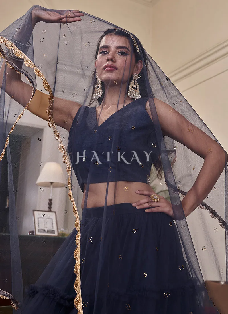 Navy Blue Minimalist Ruffles Detailed Net Lehenga Choli