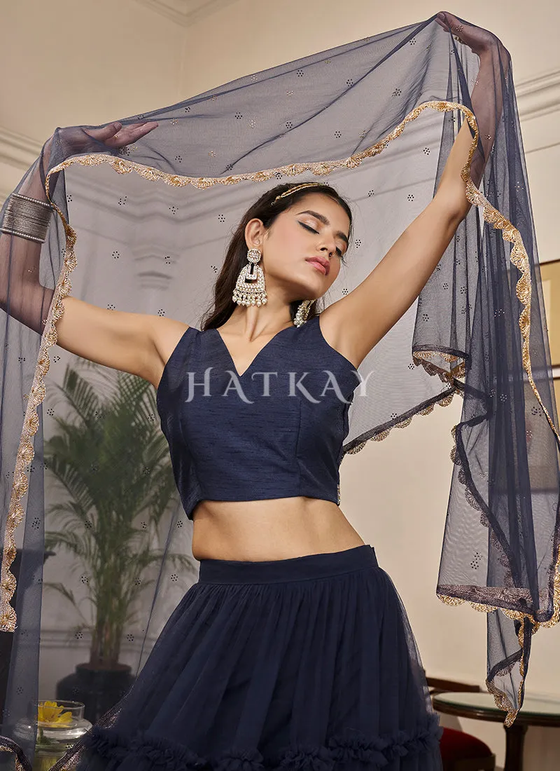 Navy Blue Minimalist Ruffles Detailed Net Lehenga Choli