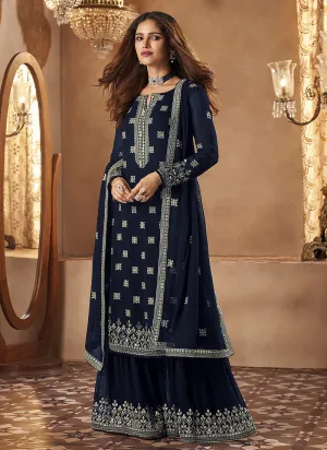 Navy Blue Mirror Embroidered Designer Gharara Suit