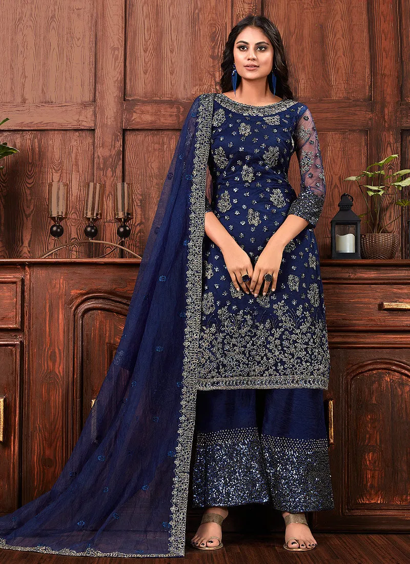 Navy Blue Multi Embroidered Designer Palazzo Suit