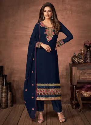 Navy Blue Multi Embroidered Pant Style Suit