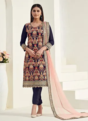 Navy Blue Multi Embroidered Pants Style Suit