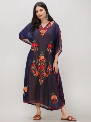 Navy Blue Multicolor Aari Embroidered Kashmere Free Size Georgette Kaftan  - K12K008