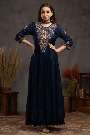 Navy Blue Muslin Silk Kali And Pleating Gown Dress And Dupatta Set