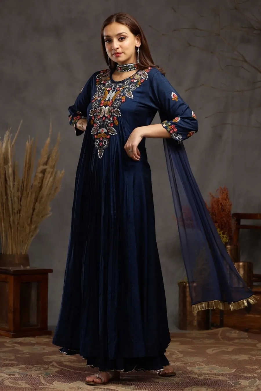 Navy Blue Muslin Silk Kali And Pleating Gown Dress And Dupatta Set