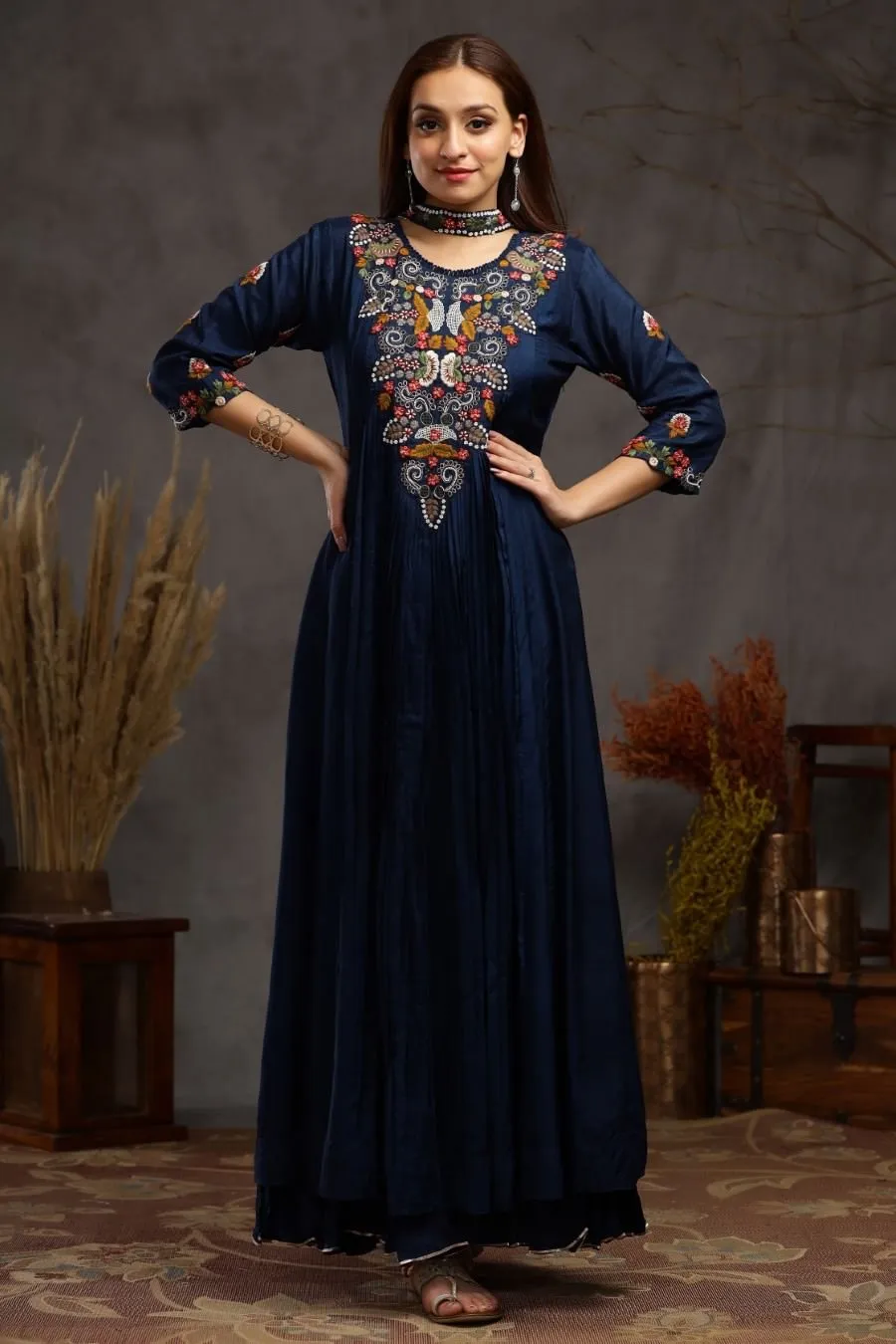 Navy Blue Muslin Silk Kali And Pleating Gown Dress And Dupatta Set