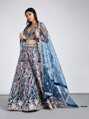 Navy blue Net Sequins and thread embroidery Semi-Stitched Lehenga choli & Dupatta