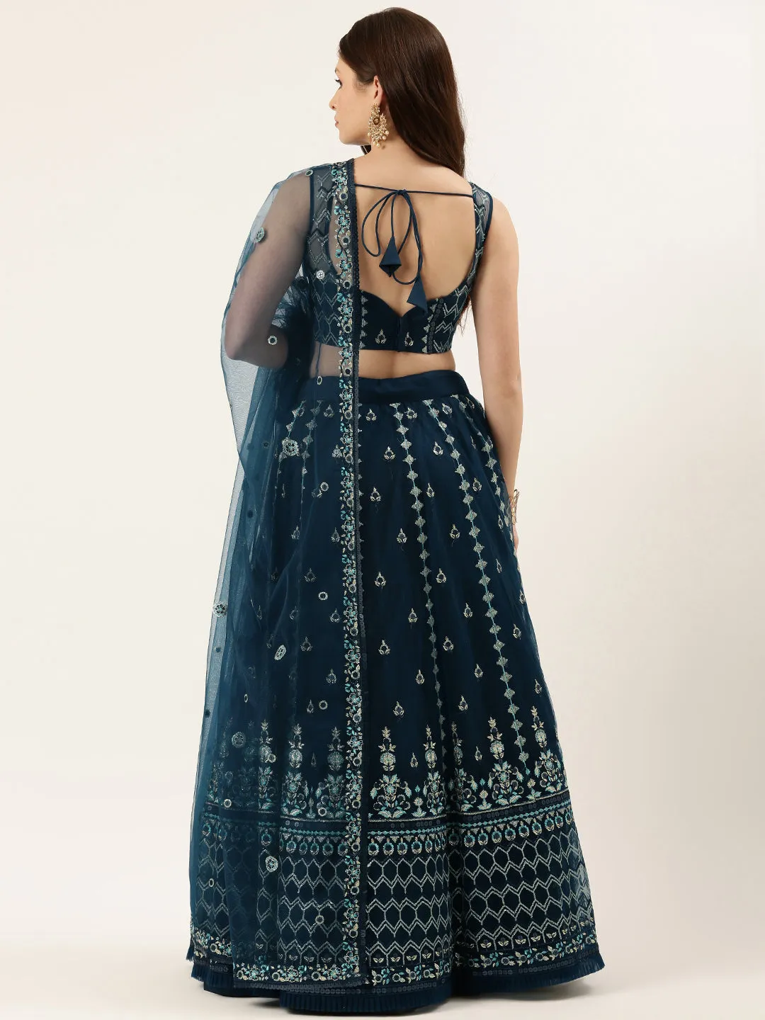 Navy Blue Net Sequinse Work Semi-Stitched Lehenga & Unstitched Blouse, Dupatta