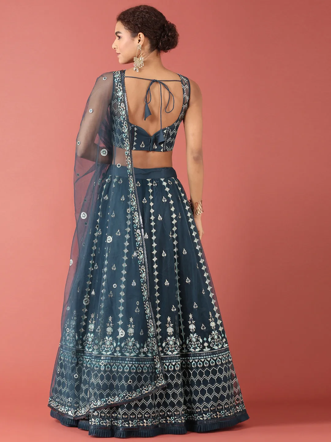 Navy Blue Net Sequinse Work Semi-Stitched Lehenga & Unstitched Blouse, Dupatta