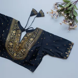 Navy Blue Olive Silk Blouse with Golden Embroidery and Sequence Accents