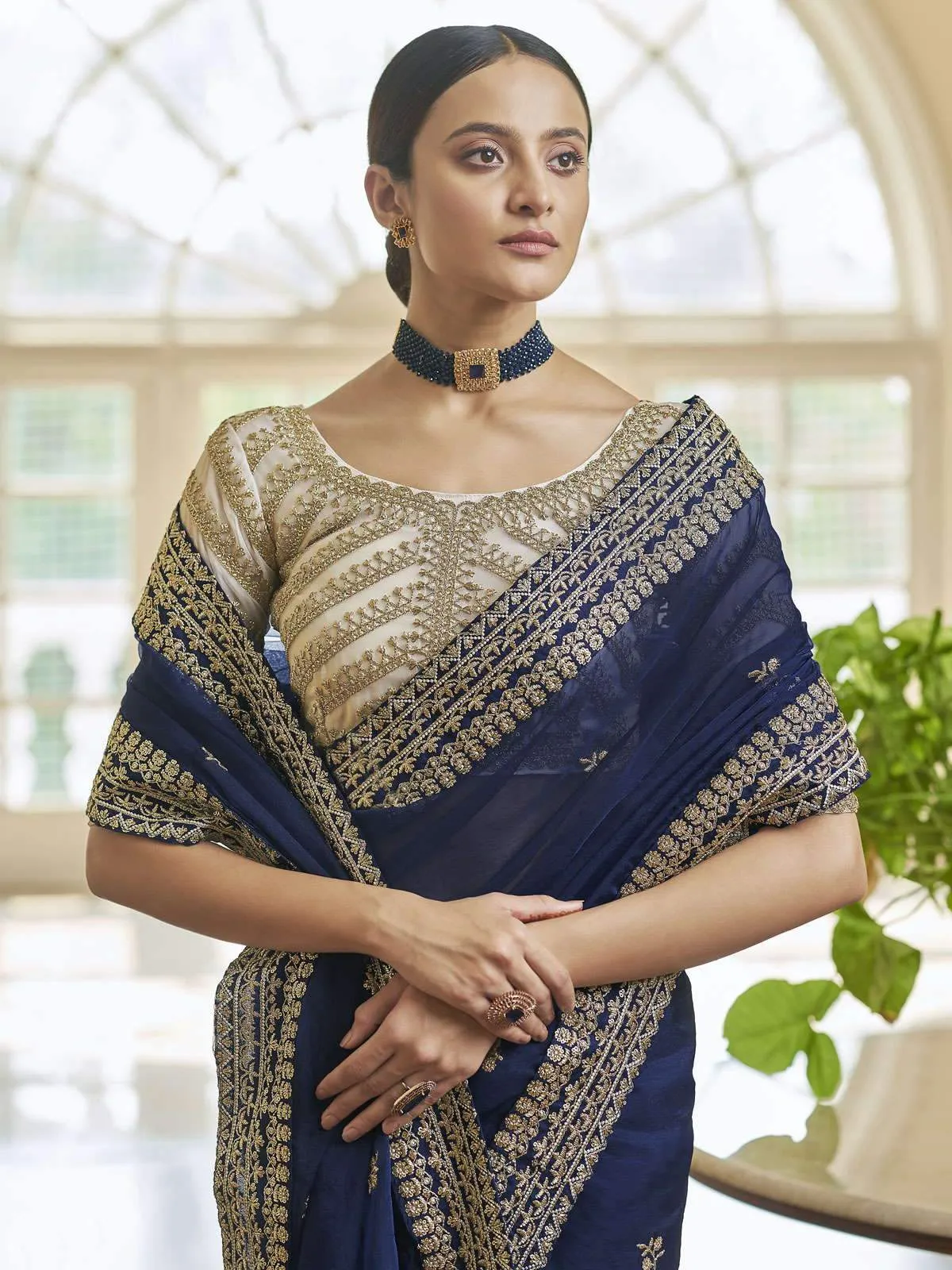 Navy Blue Organza Zari Sequins Saree With Heavy Blouse