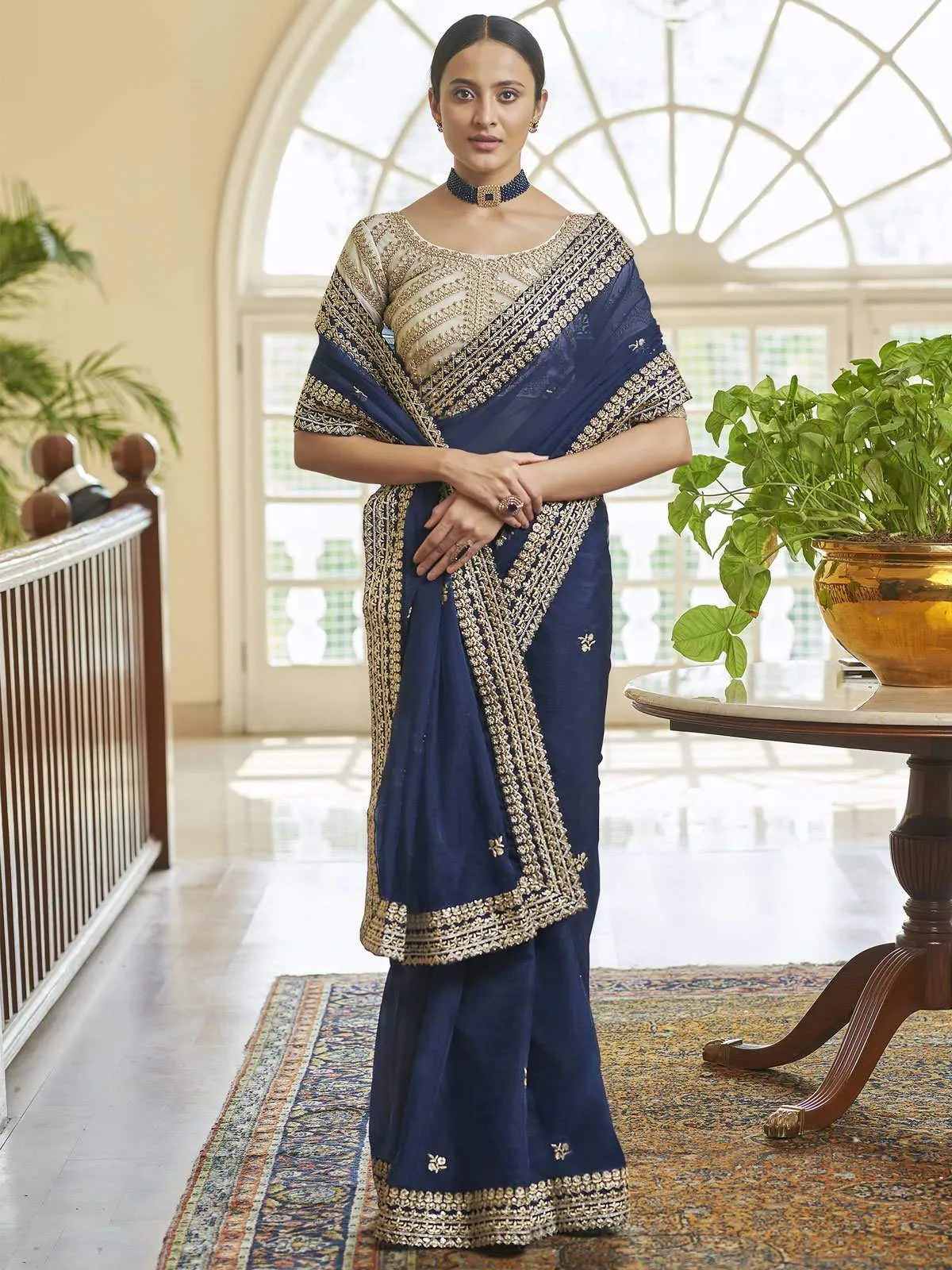 Navy Blue Organza Zari Sequins Saree With Heavy Blouse