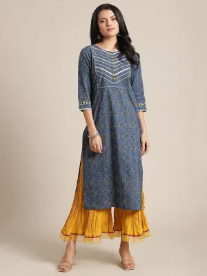 Navy Blue Printed Gota Embellished Kurta With Mustard Crushed Organza Embellished Palazzo