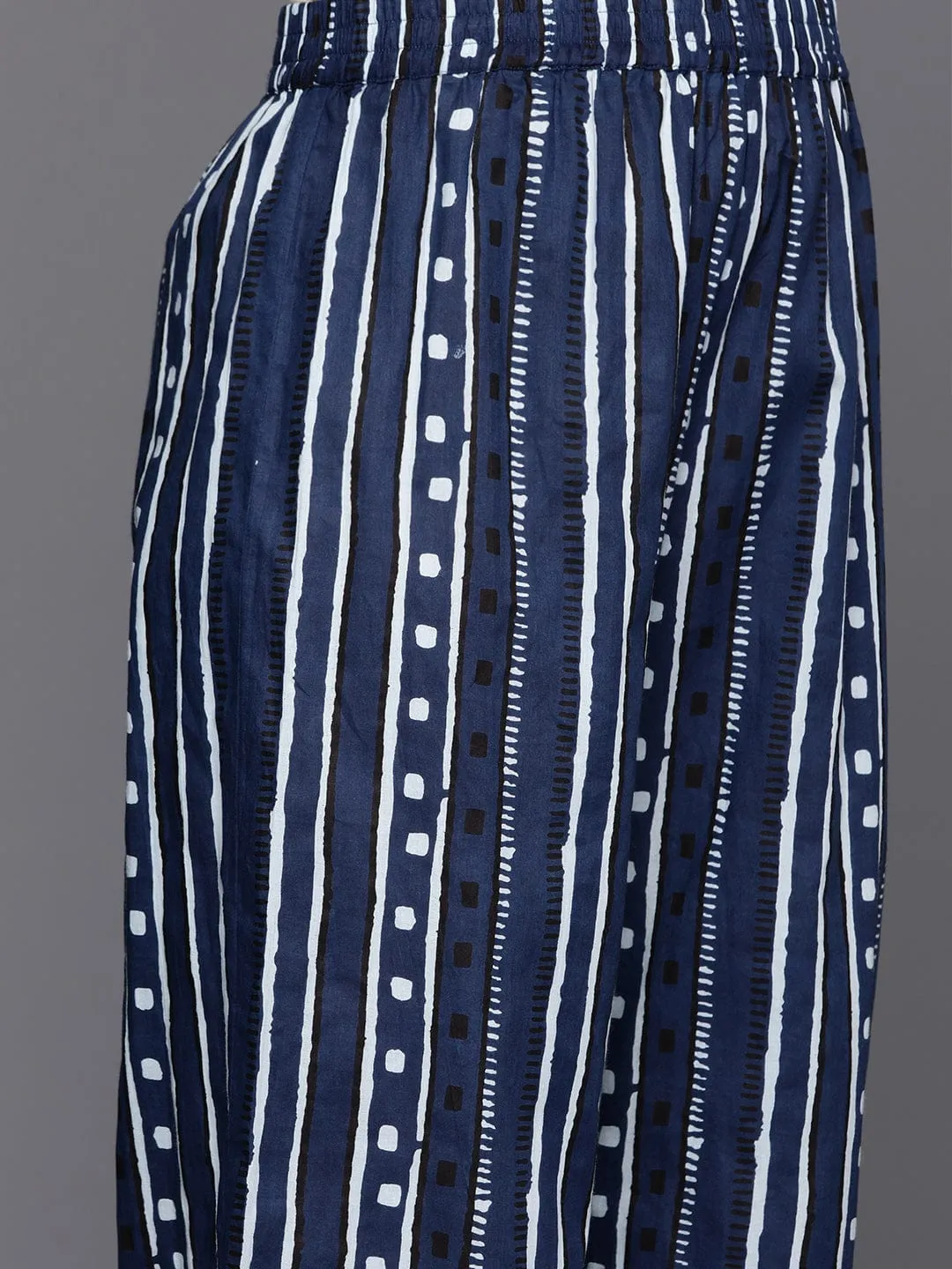 Navy Blue Printed Mandarin Collar With Placket Straight Kurta With Side Slits Paired With Tonal Printed Bottom.