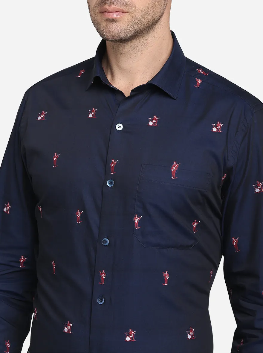 Navy Blue Printed Slim Fit Formal Shirt  | Metal