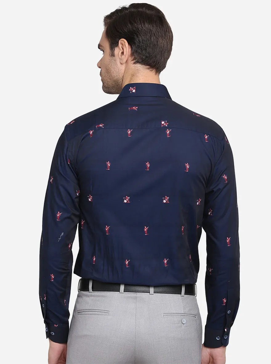 Navy Blue Printed Slim Fit Formal Shirt  | Metal