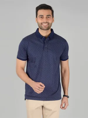 Navy Blue Printed Slim Fit Polo T-Shirt | JadeBlue