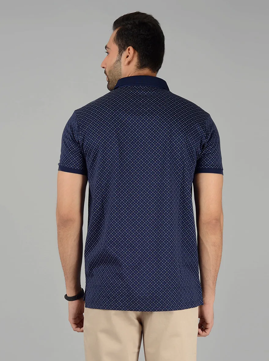 Navy Blue Printed Slim Fit Polo T-Shirt | JadeBlue