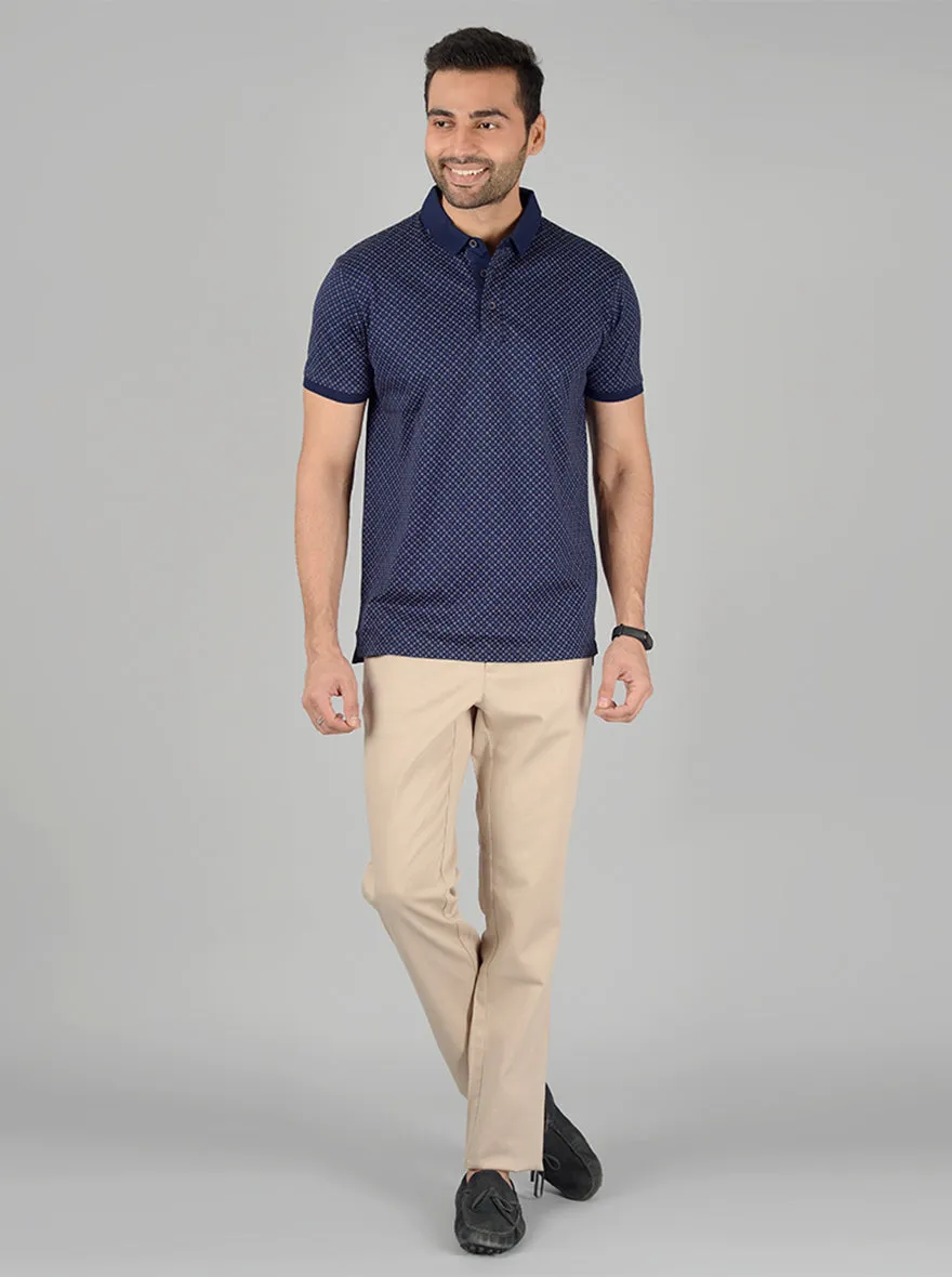 Navy Blue Printed Slim Fit Polo T-Shirt | JadeBlue