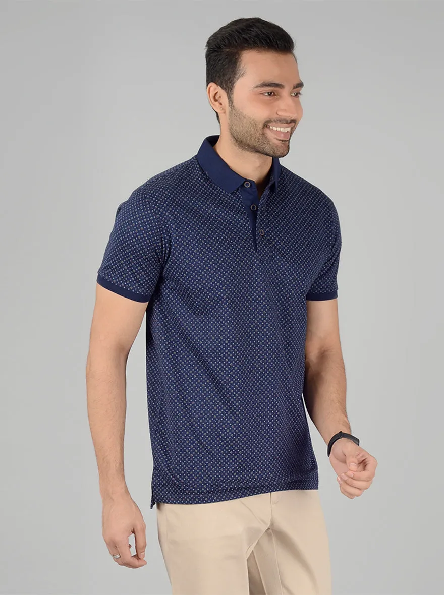 Navy Blue Printed Slim Fit Polo T-Shirt | JadeBlue