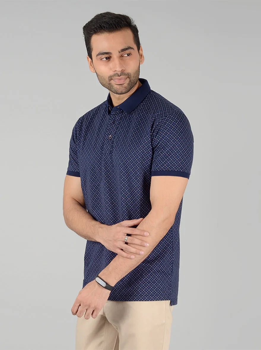 Navy Blue Printed Slim Fit Polo T-Shirt | JadeBlue