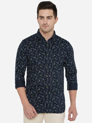 Navy Blue Printed Slim Fit Semi Casual Shirt | JadeBlue