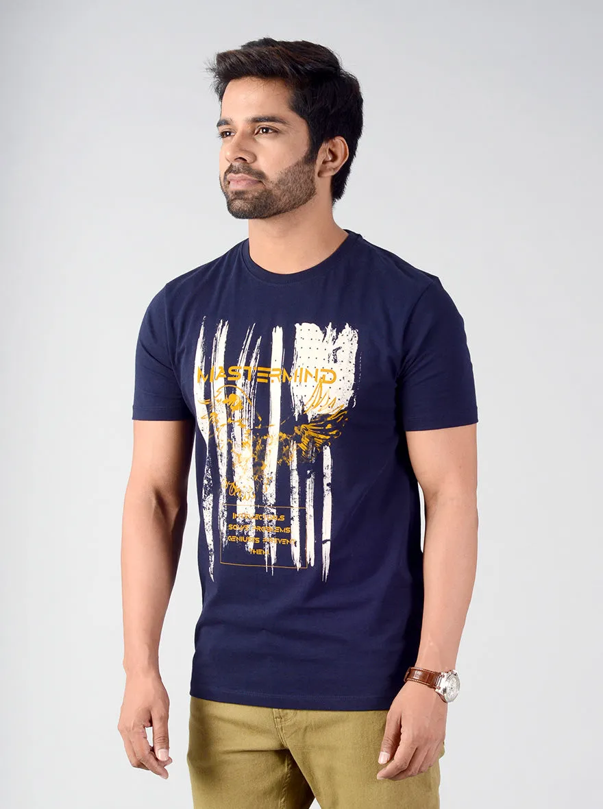 Navy Blue Printed Slim Fit T-shirt | Greenfibre