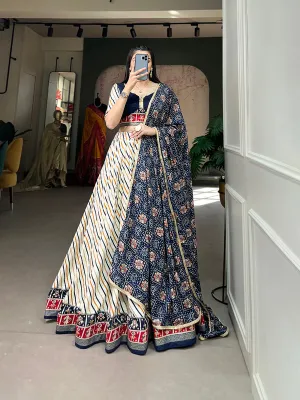 Navy Blue Pure Cotton Lehenga Choli Set with Laheriya Print