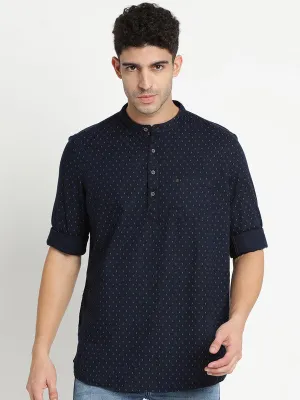 Navy Blue Pure Cotton Printed Kurta Shirt