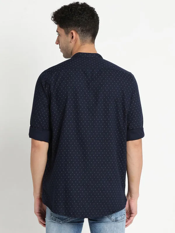 Navy Blue Pure Cotton Printed Kurta Shirt