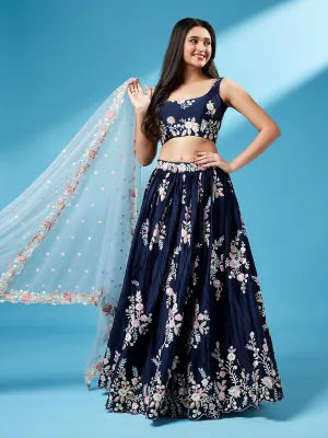 Navy Blue Pure Georgette Thread & Sequinse Work Semi-Stitched Lehenga & Unstitched Blouse, Dupatta