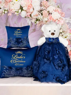 Navy Blue Quinceanera pillows set and teddy bear