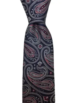 Navy Blue, Red and Silver Paisley Tie