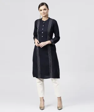 Navy Blue Round Neck Kurta With 3/4 Sleeves And Front Placket