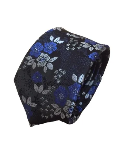 Navy Blue, Royal Blue and Silver Floral Men's Tie