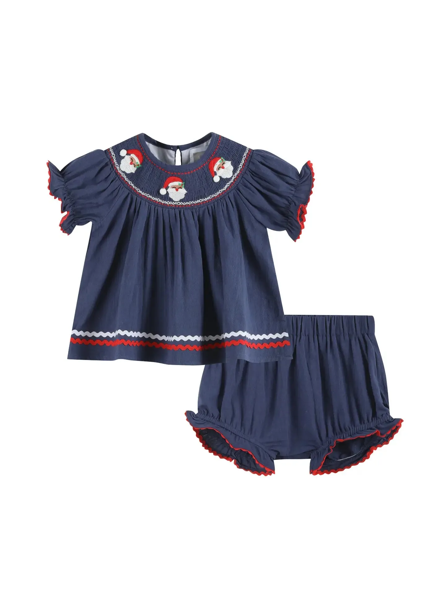 Navy Blue Santa Smocked Dress and Bloomers Set